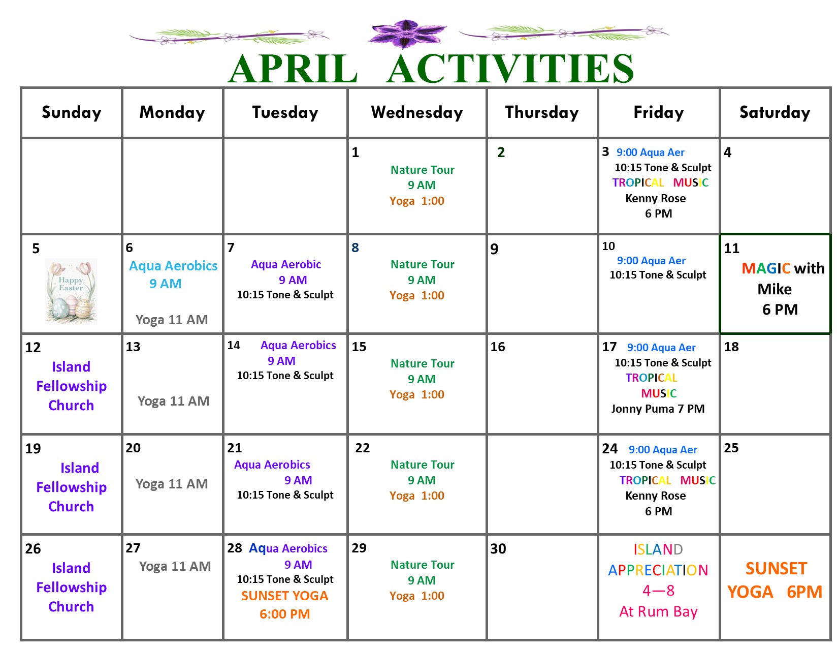 April 2026 activities calendar for Palm Island Resort family-friendly beach vacation rentals